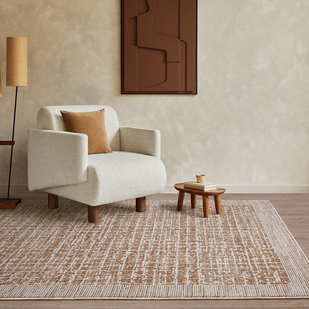 Anders Border AN11 Boho Stripe Shimmer Rugs in Beige Natural